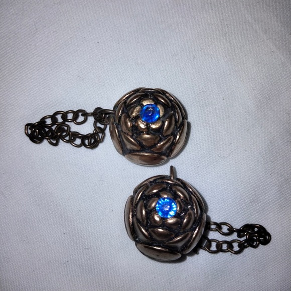 Floral Blue Stone Center Antique Vintage Buttons Pair